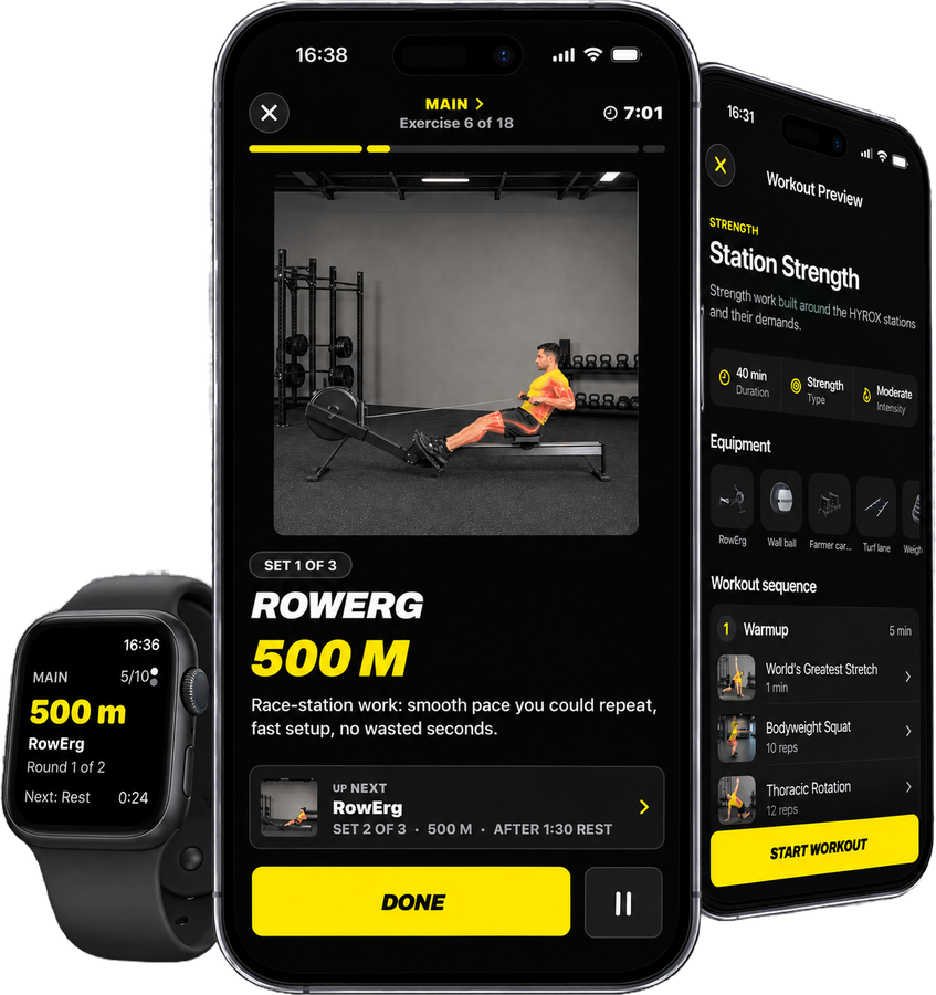 ROXER on iPhone and Apple Watch: the guided workout player mid-session, a workout preview, and the live rep count on the watch