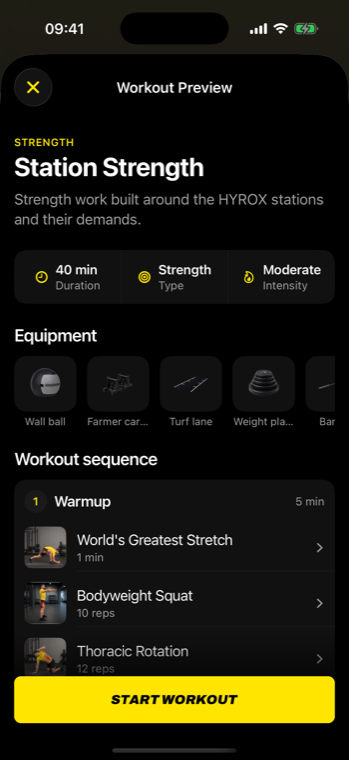 Workout preview listing the blocks in the session